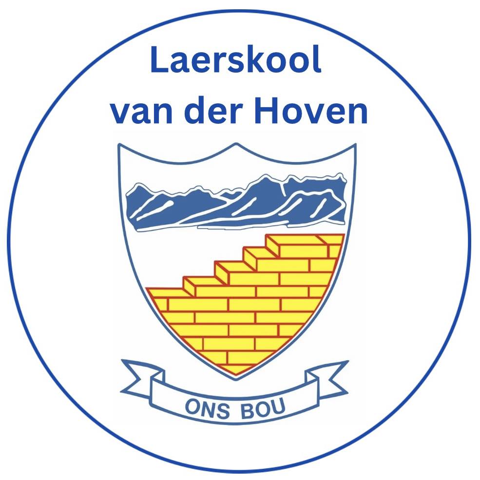Laerskool van der Hoven emblem with mountains, a stepped yellow brick wall, and banner reading ONS BOU.